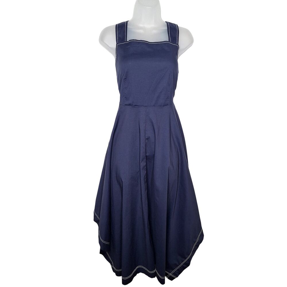 Summersalt Coastal Poplin Handkerchief Hem Midi Dress M Navy Smocked Square Neck